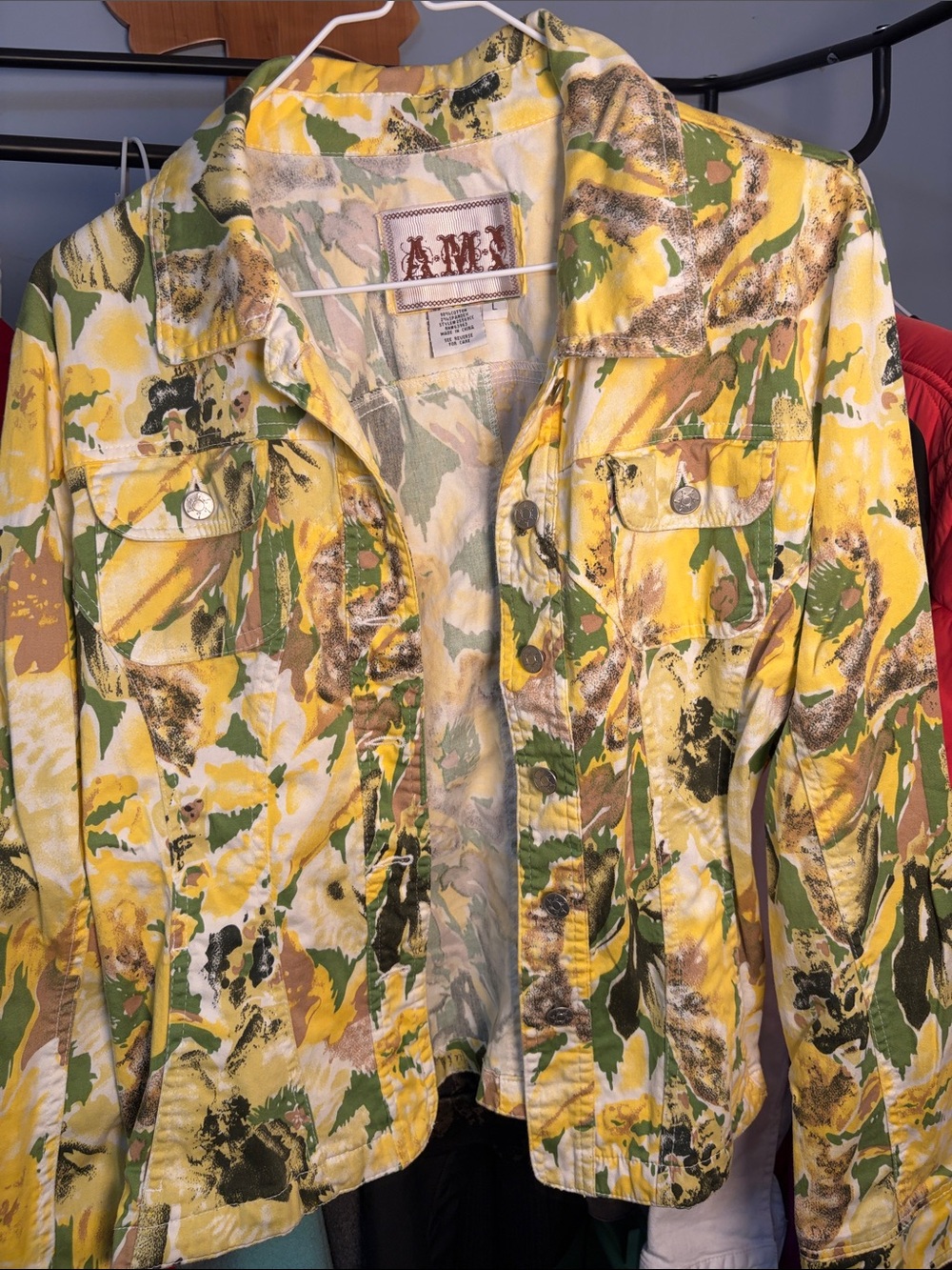 Ami Yellow, Green & Tan Abstract Print Button Jacket